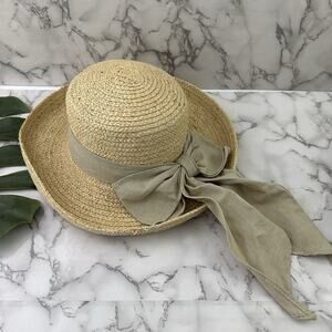 Womens Vintage 90s Straw Hat Adult Size Cream Beige Bow Cottagecore Country